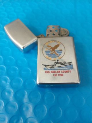 Vtg 1985 Us Navy Slim Zippo Lighter Uss Harlan County Lst1196 Tank Landing Ship