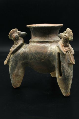 Pre - Columbian,  Panama,  Chiriqui Pottery Tripod Rattle Vessel With Bird Effigy