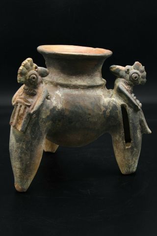 Pre - Columbian,  Panama,  Chiriqui Pottery Tripod Rattle Vessel With Bird Effigy 2