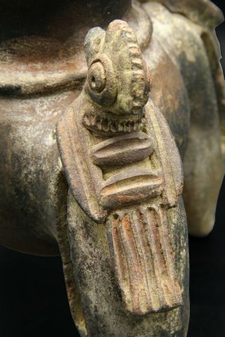 Pre - Columbian,  Panama,  Chiriqui Pottery Tripod Rattle Vessel With Bird Effigy 6