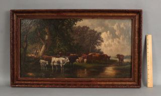 19thc Antique Bucolic Country Cow Cattle Landscape Oil Painting,