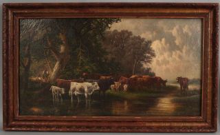 19thC Antique Bucolic Country Cow Cattle Landscape Oil Painting, 2