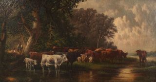 19thC Antique Bucolic Country Cow Cattle Landscape Oil Painting, 3
