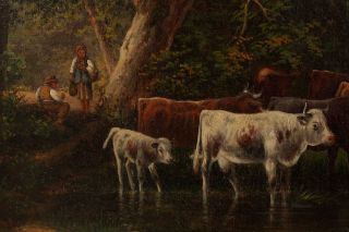 19thC Antique Bucolic Country Cow Cattle Landscape Oil Painting, 4