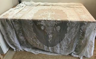 Antique French Embroidered Tambour Lace Bed Cover Throw