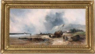 Boats On Coast Antique Marine Oil Painting By William Archibald Wall (1828 - 1878)