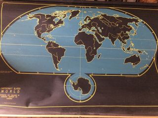 Vintage 2 - Sided Cartocraft Chalkboard Pull Down Denoyer - Geppert U.  S & World Map