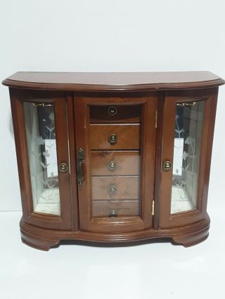Vintage Jewelry Box Armoire Solid Wood▪double Glass Door W/5 Drawer▪nice 12 " X15 "