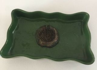 Vintage Flower Frog Ceramic Tray Metal Rectangle Dish Green Wavey
