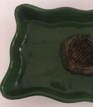 Vintage Flower Frog Ceramic Tray Metal Rectangle Dish Green Wavey 3