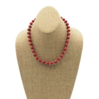 Vintage Monet Gold Tone 10mm Red Marbled Acrylic Bead Fashion Necklace 18 Inch