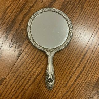 Vintage Hand - Held Vanity Mirror - Stainless - Silver Plated? 9.  5 " Long; 5 " Diameter