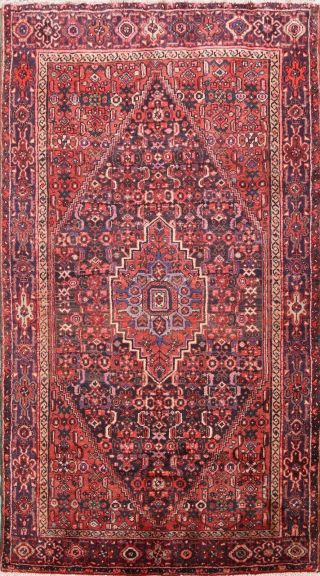 Vintage Navy Blue/ Red Hamedan Area Rug Oriental Hand - Knotted Wool Carpet 5x7 Ft