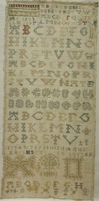 Early/mid 18th Century Netherlands Alphabet & Motif Sampler Initialled Ao C.  1740