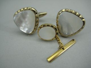 Vintage Real Mother Of Pearl Cufflinks & Collar Tip / Lapel Pin ?