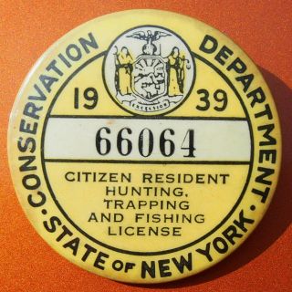 1939 NY Conservation Resident Citizen Hunting Fishing Trapping License Pin Badge 2