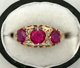 Antique 9ct Rose Gold Ring Set With Rubies & Diamonds.  Date 1906 - Size Uk N