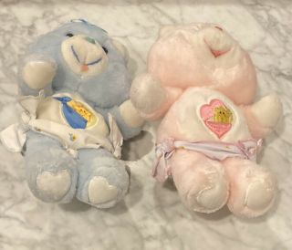 1983 Kenner Care Bears Baby Hugs & Baby Tugs Plush Blue Pink Stuffed Teddy