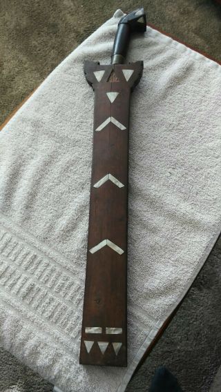 Vintage Antique Philippines Moro Dagger Kris Knife Wooden Handle Pearl Inlay