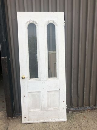 C1910/20 Double Tombstone Entrance Door Old White 82” X 34” X 1.  5” Older Glass