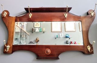 Fine Solid Walnut Arts And Crafts Hall Mirror With Brass Coat Hooks