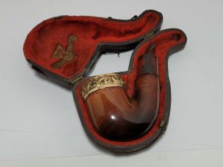 Antique Meerschaum Pipe & Case - Gold Filled Rim - Wd Leather Case - 4 Inch