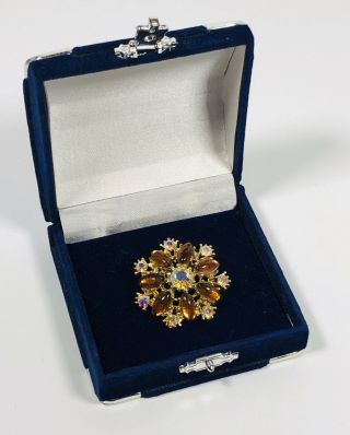Vintage Brooch Gold Tone Aurora Borealis Crystals & Smoky Glass Pretty Costume