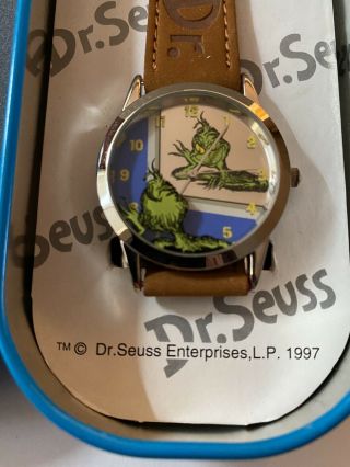 Vintage Dr.  Seuss Grinch Watch In Tin Grinch In Mirror Face Dr.  Seuss Strap