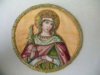 Antique Vestment Applique Saint Catherine Of Alexandria Embroidery Gold Brocade