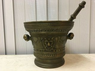 Antique Bronze Mortar And Pestle Having The Date 1630