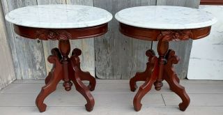 Vintage Pair Victorian Kimball Oval Marble Top Carved Roses Mahogany Tables 1980