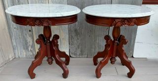 Vintage Pair Victorian Kimball Oval Marble Top Carved Roses Mahogany Tables 1980 2