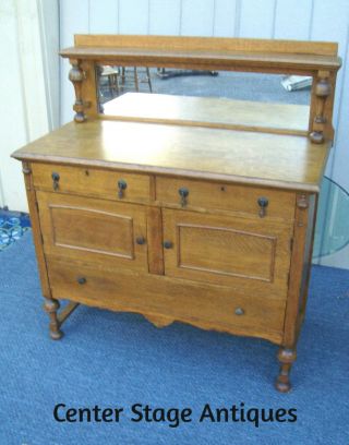 61367 Antique Tiger Oak Buffet Sideboard Server Cabinet With Mirror