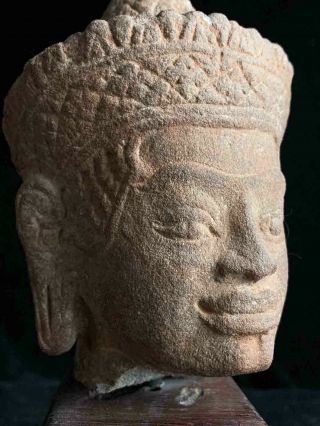 Authentic Khmer Sandstone Fragment Of A Smiling Male Deity Head 12th C