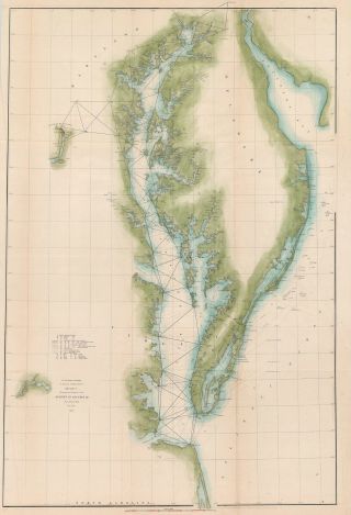 1852 U.  S.  Coast Survey Triangulation Chart Of Chesapeake Bay And Delaware Bay