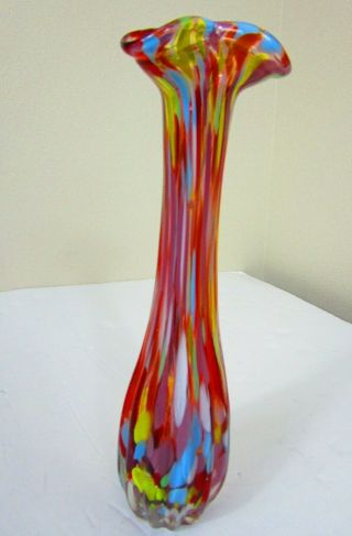 Vtg Murano Art Hand Blown Glass Multi Color Splatter Confetti Vase - 9.  5 In Tall