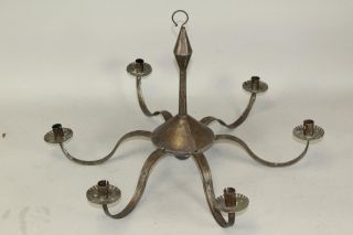 A Great Early 19th C Tin Hanging Six Candle Chandelier In Old Surface