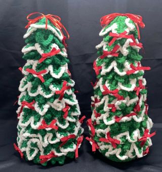 Set Of 2 Vintage Crochet Christmas Tree Unique Hand Made With Bows