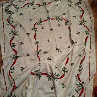 Vintage Rectangle Holiday Christmas Tablecloth Red Ribbon Red Holly Berries