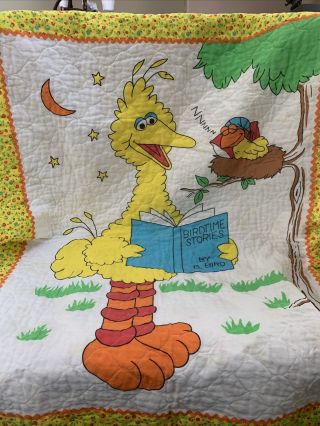 Sesame Street Big Bird Baby Crib Yellow Blanket Quilt Bedtime Stories Vintage