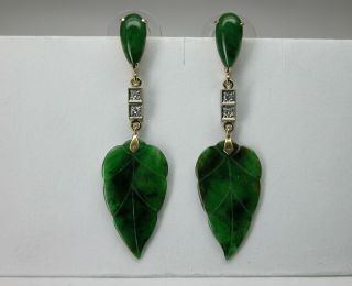 Antique Art Deco 14k Gold Translucent Jade Diamond Earrings