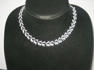 Vintage Signed Bsk White Enamel & Rhinestone Necklace