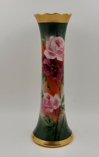 Limoges Antique France Hand Painted Porcelain Vase Gorgeous Roses 15 "