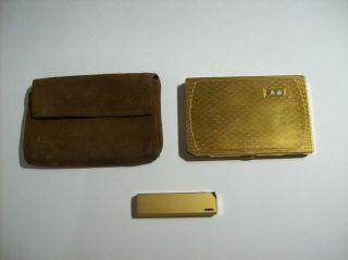 Vintage Japan Gold Tone Cigarette Case Lighter And Leather Pouch,  Mid Century