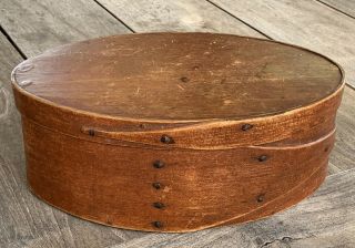 Antique 18th C.  Large Oval Pantry Box W/ Rosehead Nails,  Red Paint Aafa