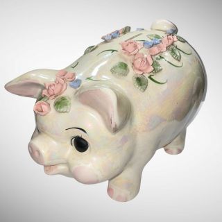 Vintage Lefton Ceramic Piggy Bank With Flowers Lustre Iridescent Glaze 11”l 7” H