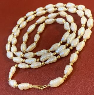 Antique Vintage Art Nouveau 14k Gold Freshwater Pearl 31” Long Designer Necklace