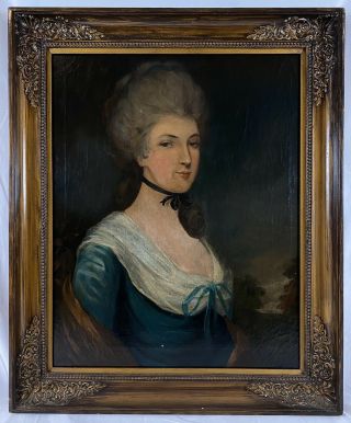 Antique 18th C.  Portrait Of Woman / Lady In Blue Dress,  Oil On Canvas C.  1780