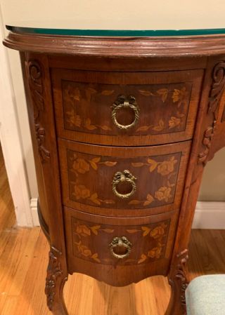 Vintage French Rose Marquetry Inlay 7 Drawer Kidney Shaped Desk w/ stool 2