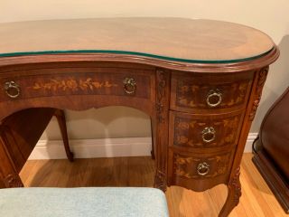 Vintage French Rose Marquetry Inlay 7 Drawer Kidney Shaped Desk w/ stool 3
